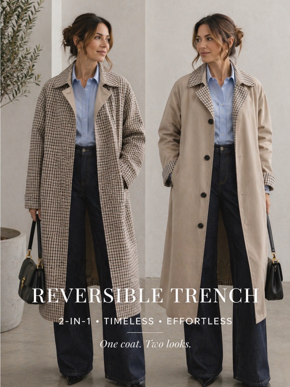 Woman’s Reversible Checked/Beige Long Trench Coat - NWOT (oversized size small)